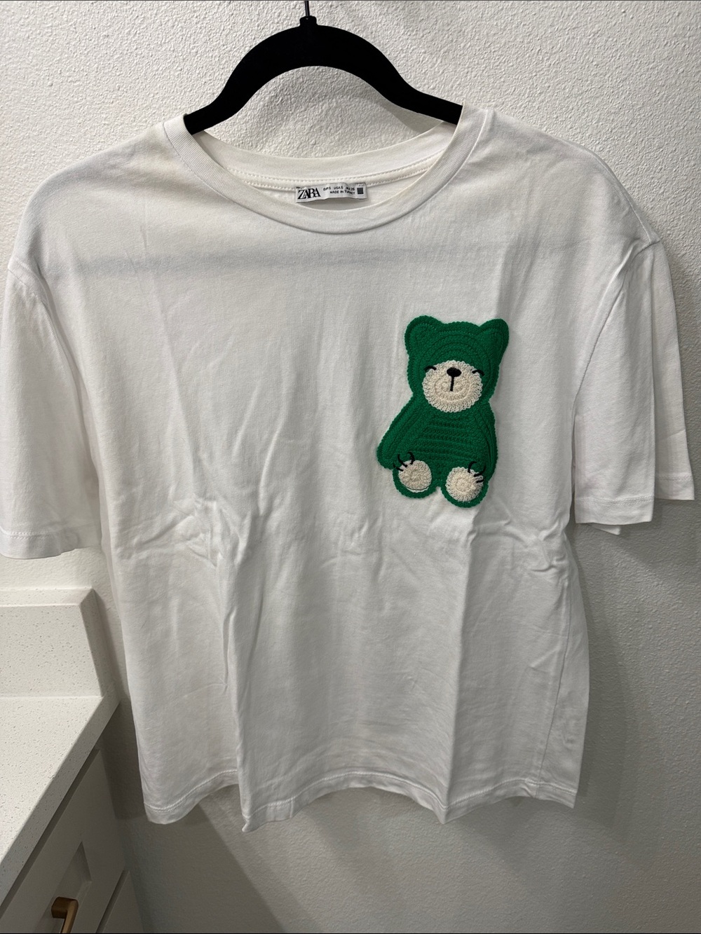 Zara White Tee with crochet Green Bear Patch